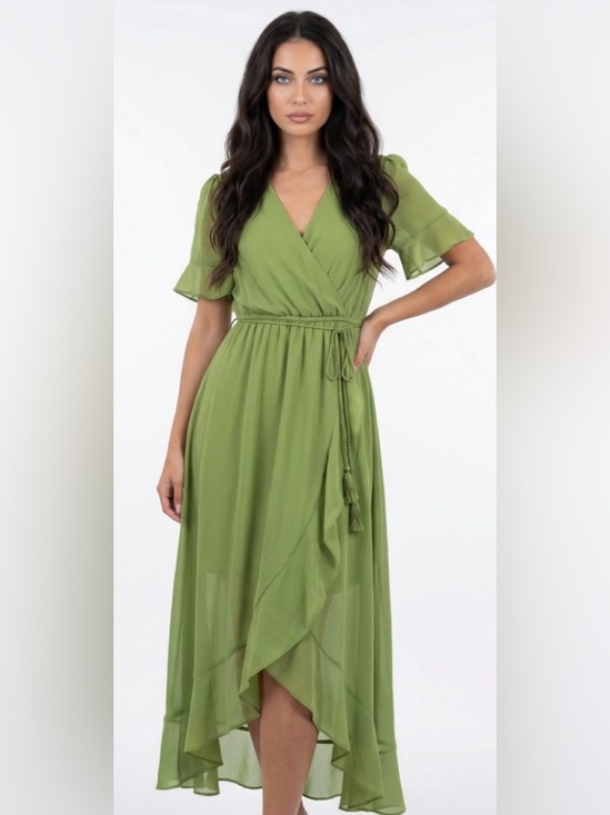 Ricarica Dresses & Skirts - V-Neck Olive Green Maxi Wrap Dress with Tassel Rope Belt